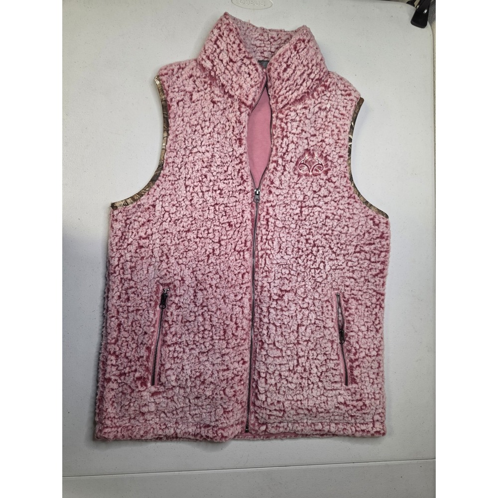 Realtree Pink Sherpa Fleece Vest Womens XL Full Zip Camo Trim Pockets Mock Neck